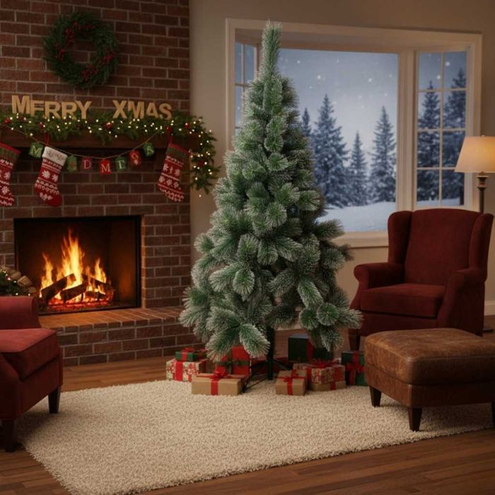 Коледна елха с бели заскрежени връхчета