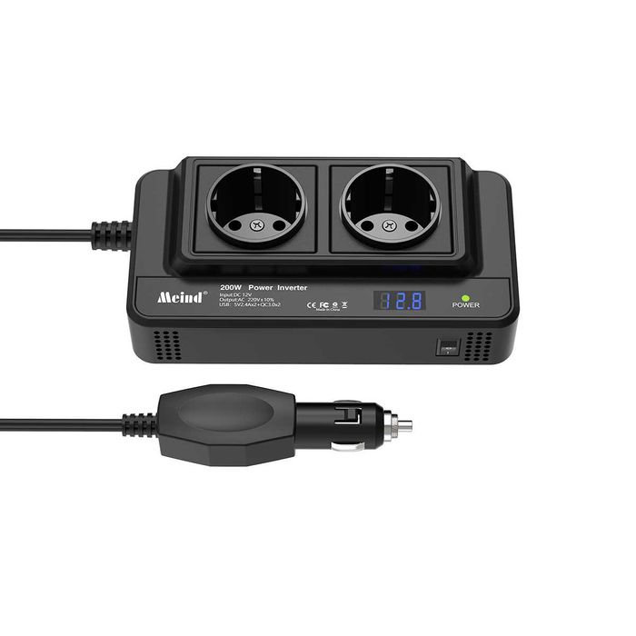 Invertor Auto 200W 12V–220V cu 2 Prize AC 2x USB 2.4A + 2x USB QC 3.0