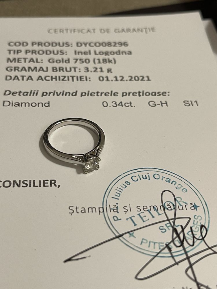 Inel logodna TEILOR aur alb 18K diamant solitaire de 0.34ct Marimea 48