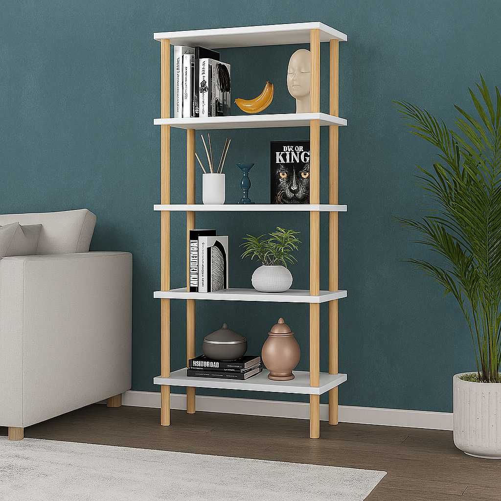 Raft decorativ cu 5 polite din lemn, design modern, 29x60x137 cm