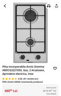 Plita incorporabila Arctic Domino ARDCG32210SX, Gaz, 2 Arzatoare