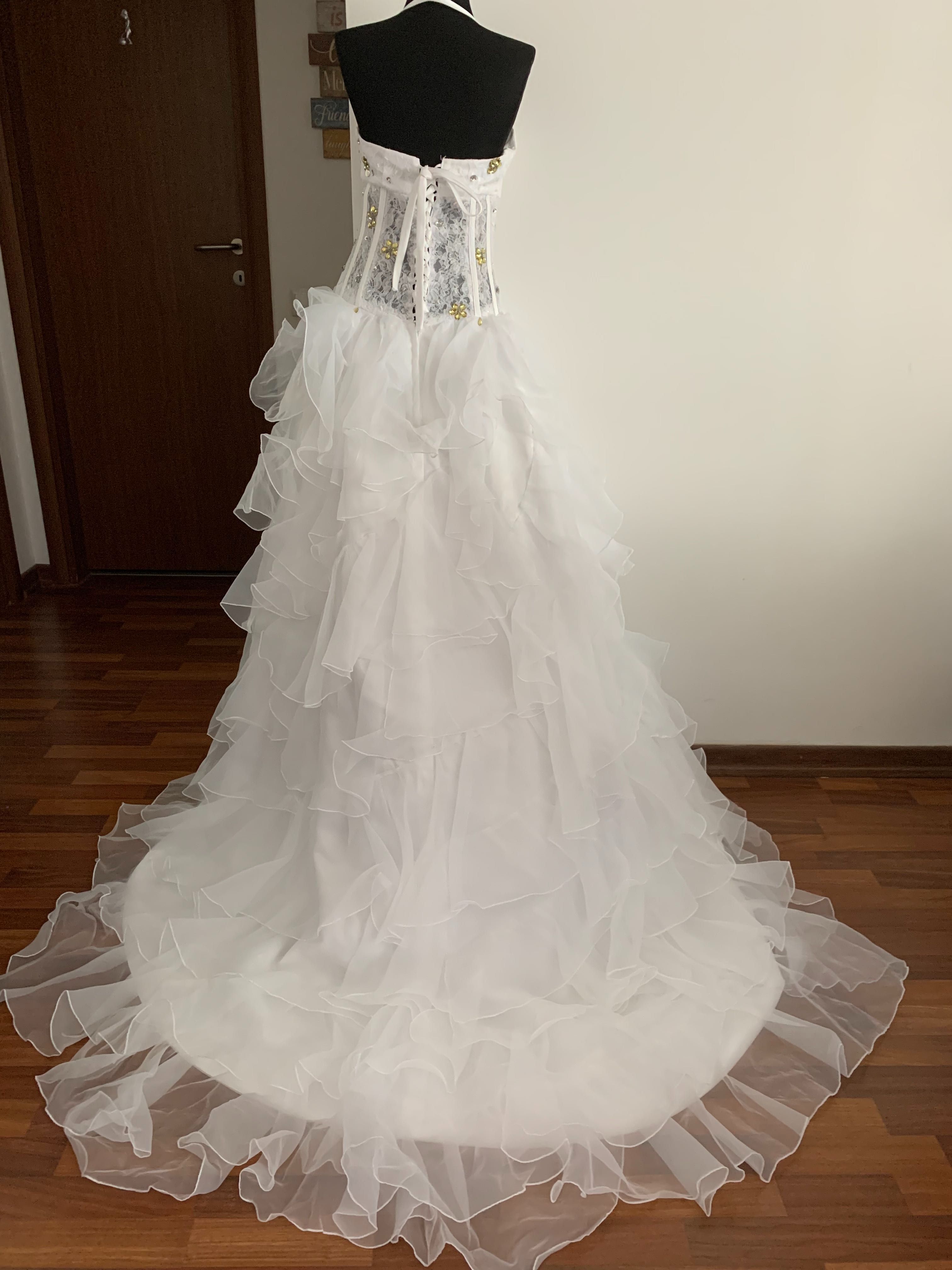 rochie mireasa organza, dantela si pietricele