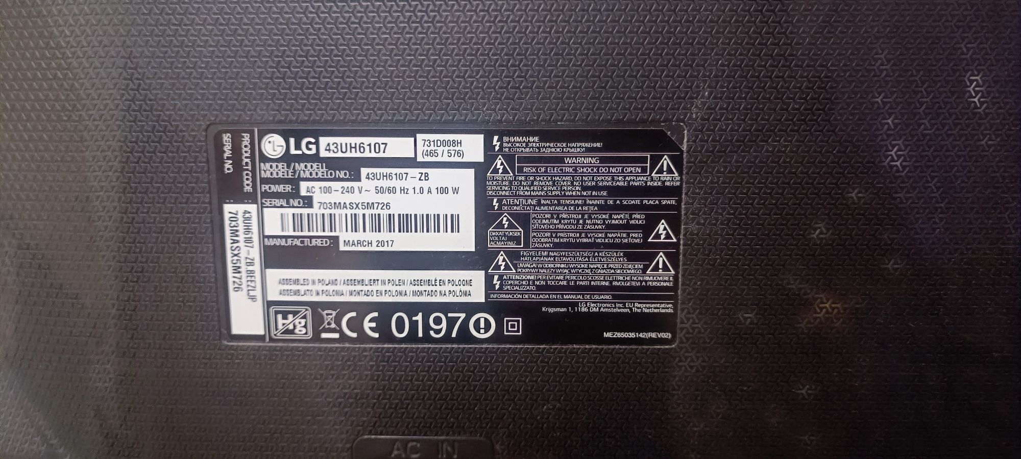Televizor LED Smart LG, 108 cm, 43UH6107, 4K Ultra HD, Clasa A+