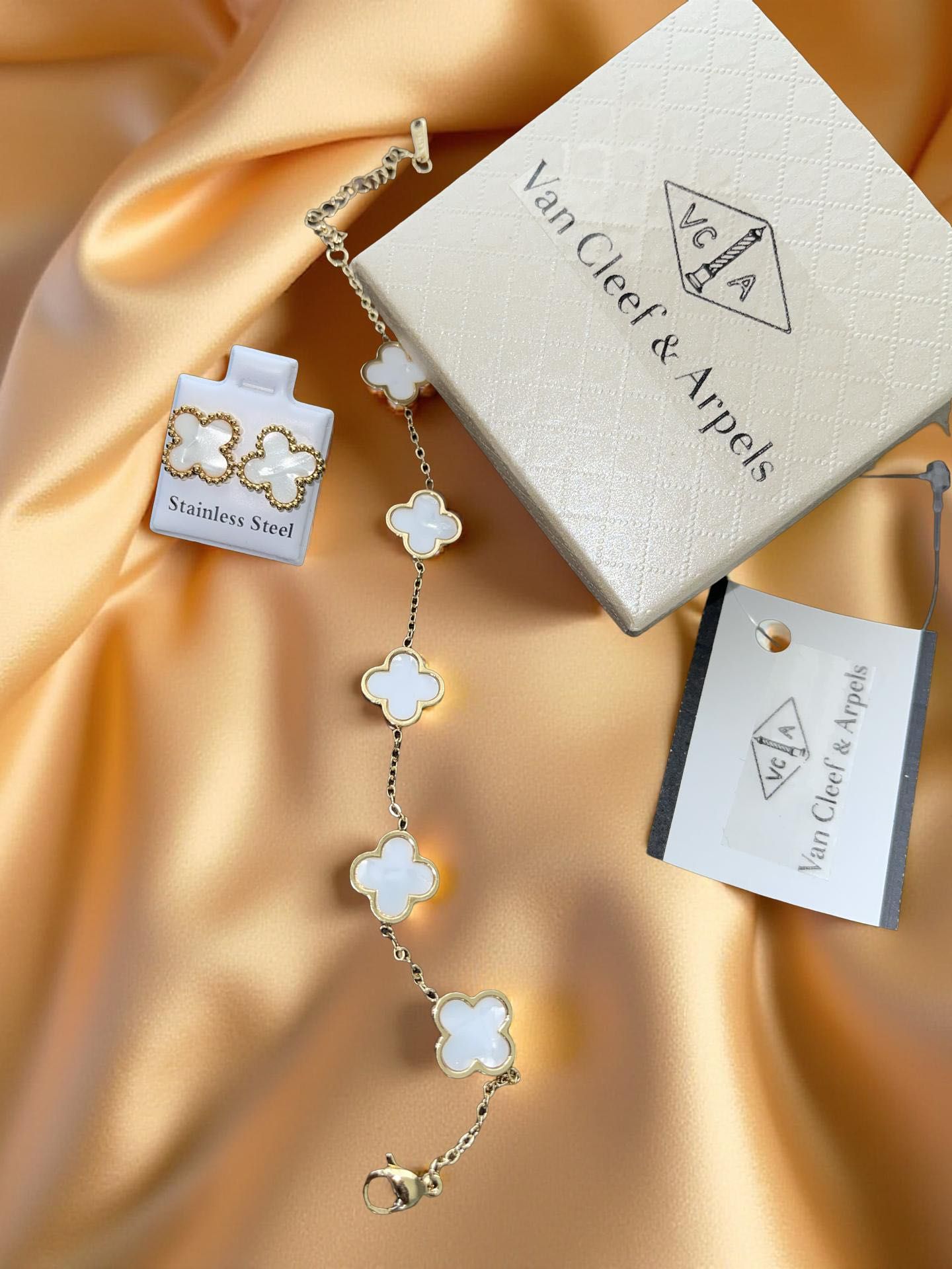 van cleef сет гривна обец лот комплект златен бял детелина неръждаем