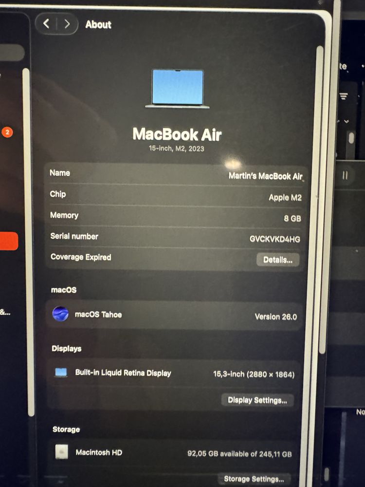 Macbook Air 15 M2 8RAM/256SSD