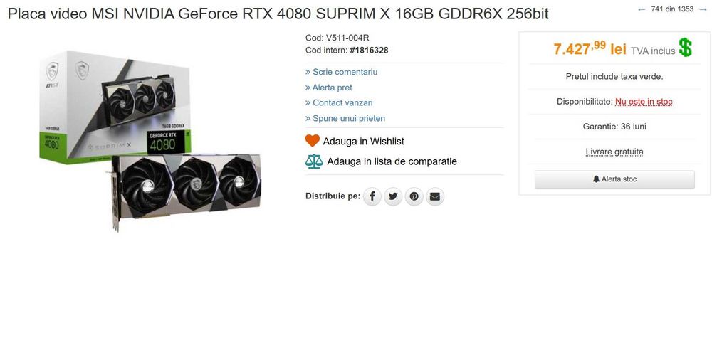 Unitate PC Gaming I7 / 32GB DDR5 / 2TB  NVME / MSI RTX 4080 / WI-FI