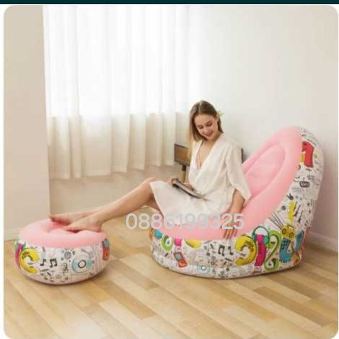 Надуваем фотьойл и табуретка за крака, Син/Бежов/Шарен