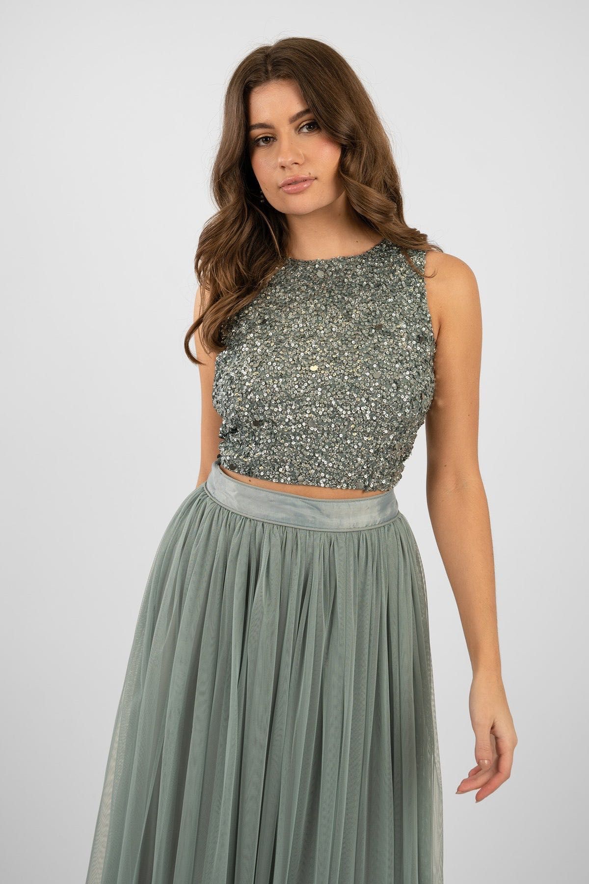 Официален потник топ с пайети зелен lace&beads