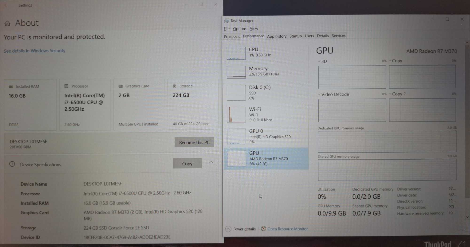 15.6' IPS Lenovo ThinkPad E560 Core i7-6500U/AMD R7 M370 2GB/16GB/256G