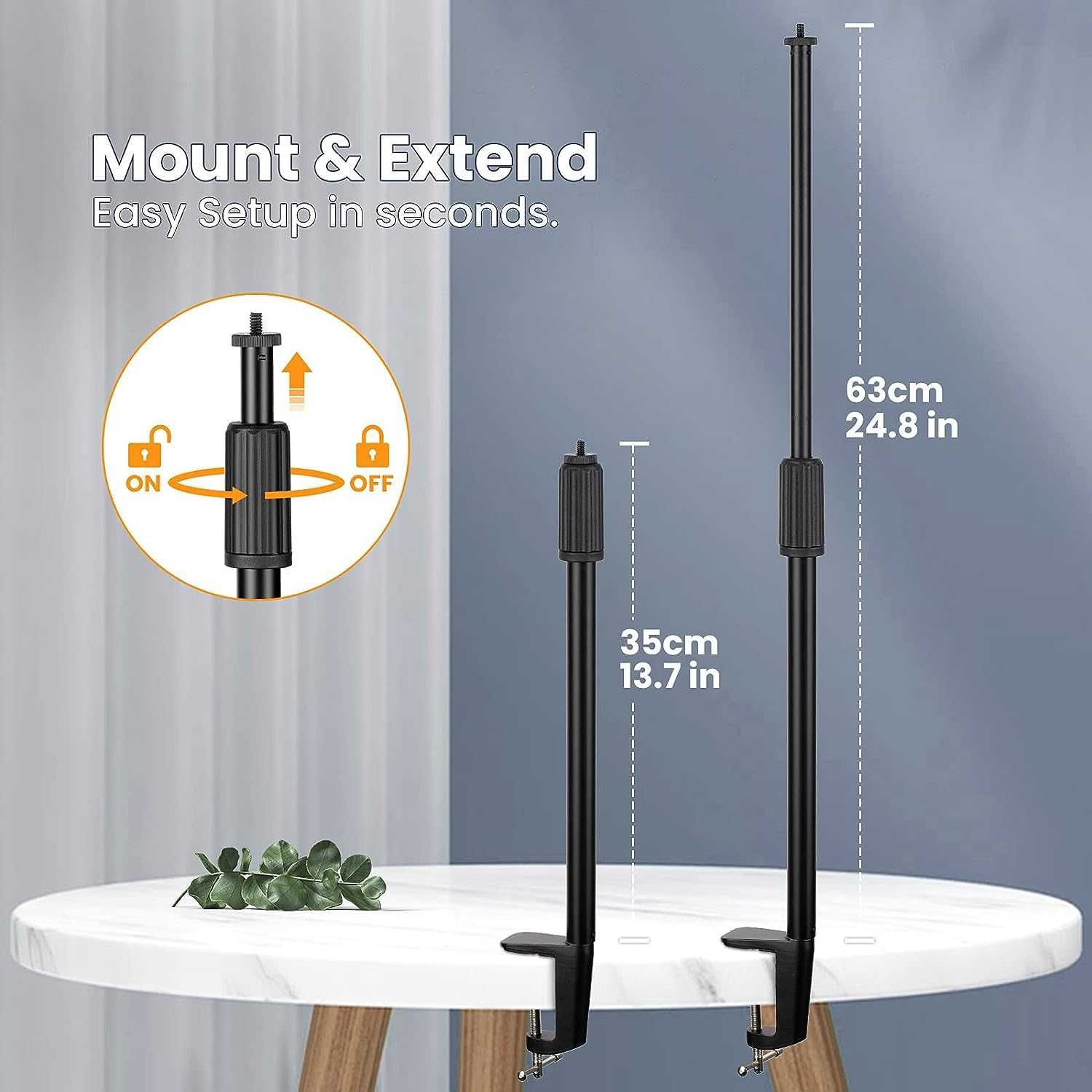 TARION Стойка с винтове 1/4" 3/8". L-образна с щипка за ринг лампа.