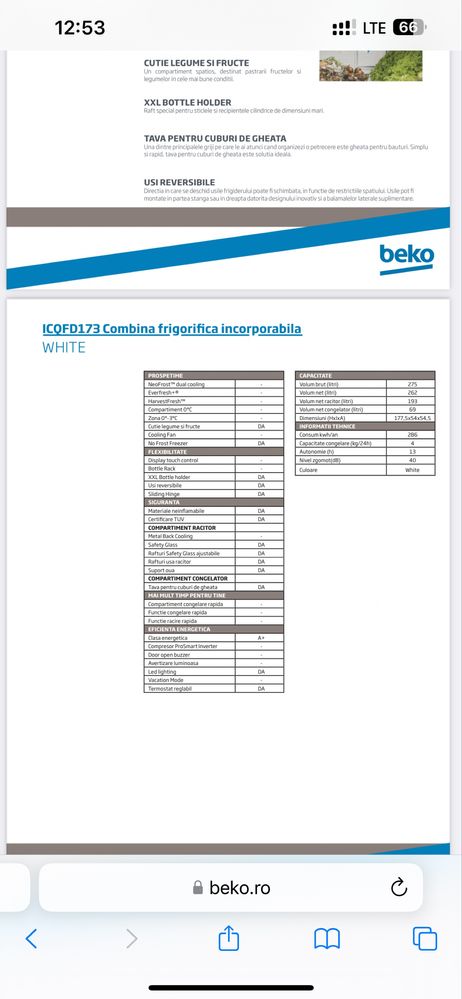 Combina frigorifica încorporabila, Beko, No frost, 275 litri, 177 cm