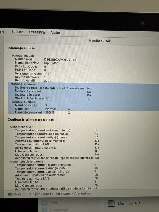 MacBook Air 13 IMPECABIL, CA NOU, 7 cicluri de incarcare, Baterie 100%