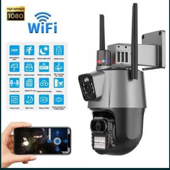 КОМПЛЕКТ + 64GB карта PTZ Двойна IP камера P-11 WIFI, ICSEE, 6MP