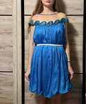 Rochie albastră din mătase naturală cu tulle transparent