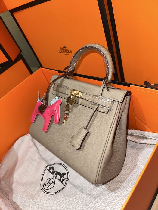 Geanta Hermes Kelly 25cm Gri/accesorii gold