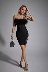 Черна миди бандажна рокля без презрамки