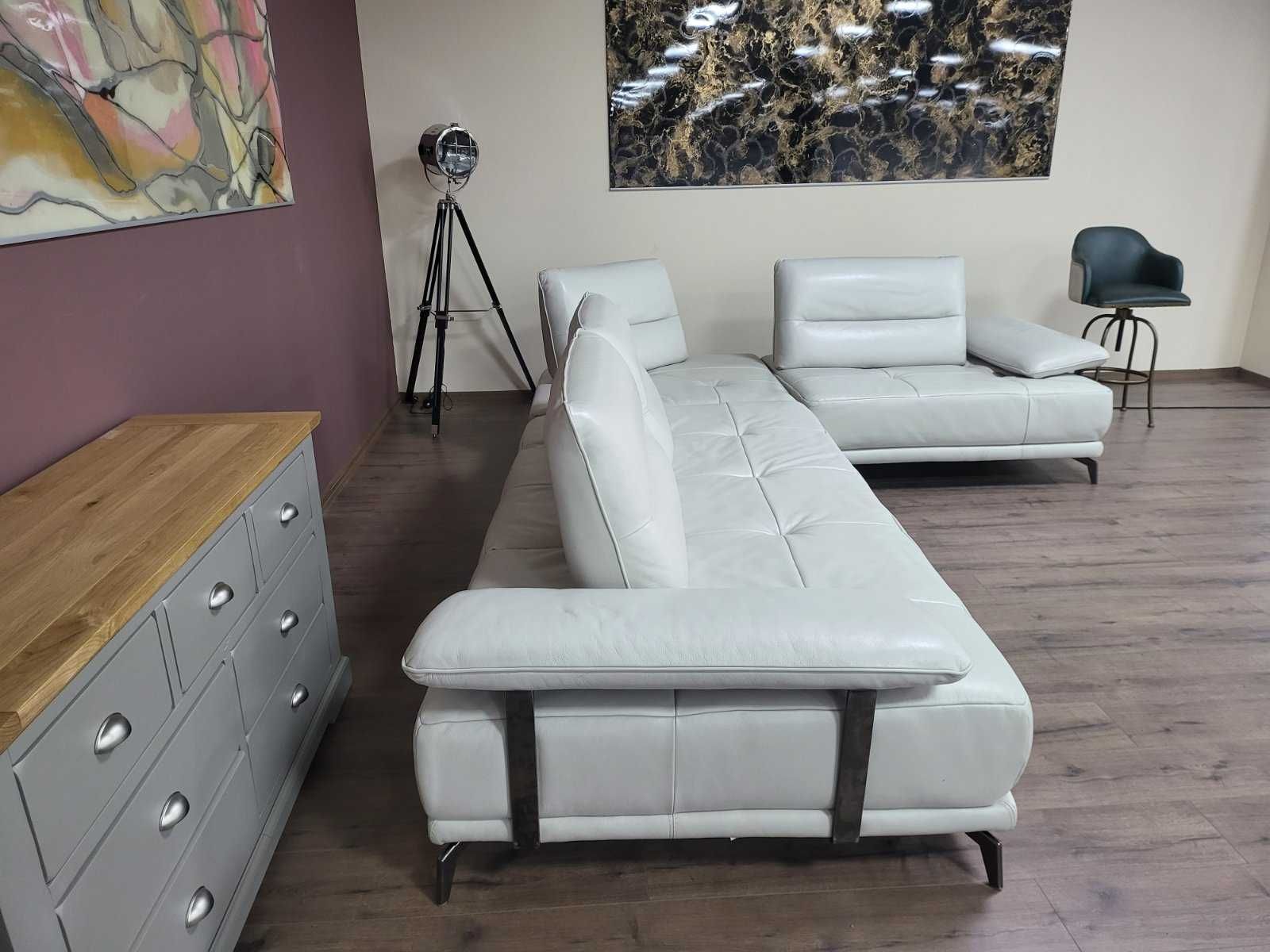 Перлено бял кожен ъглов диван "ARTEMIS" с електрически облегалки