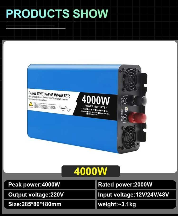 Invertor Easun, 12V, 4000W, Sinus pur , cu priza dubla, Albastru