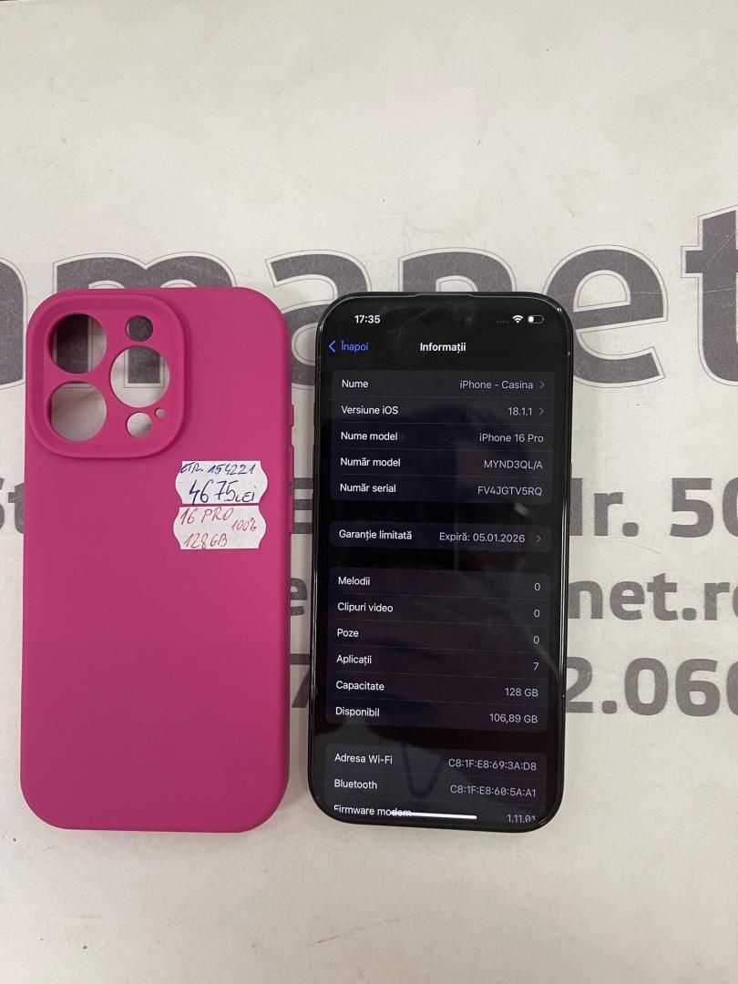 Apple iPhone 16 Pro, 128GB, 5G 100%Sanatate baterie -A-