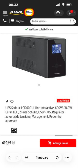 Ups Serioux LCD600Li Line interactive 600VA/360w , 2 prize schuko