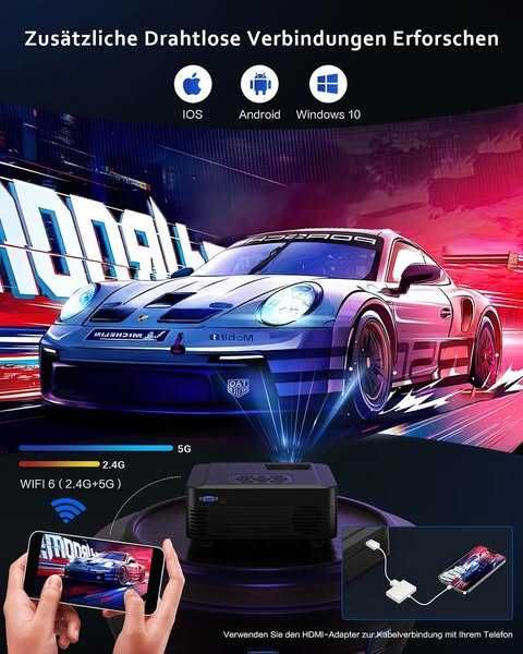 Proiector SCREENMAX, suportă 4K nativ 1080P cu WiFi, Bluetooth