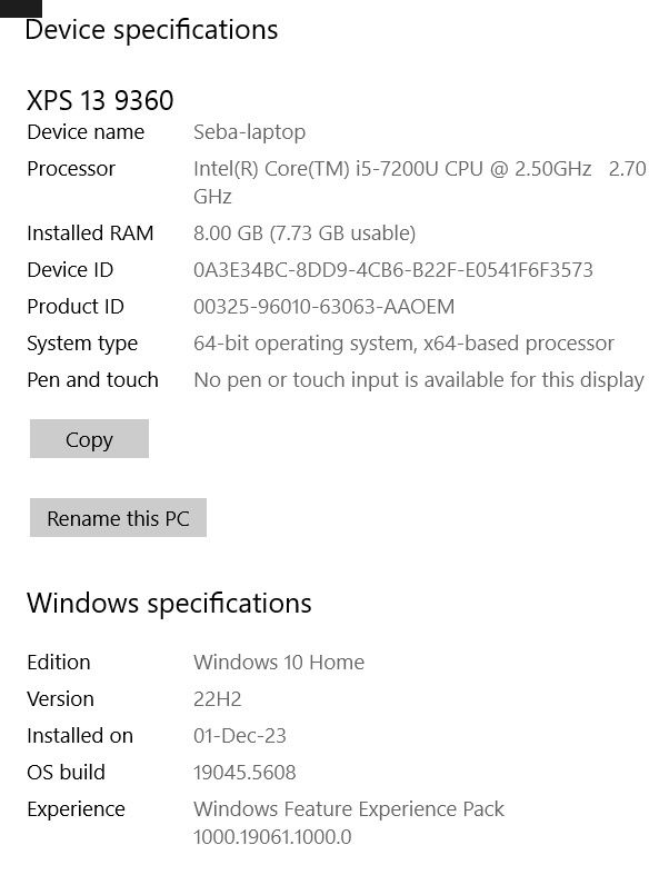 Laptop Dell XPS-13 model 9360 Windows 10