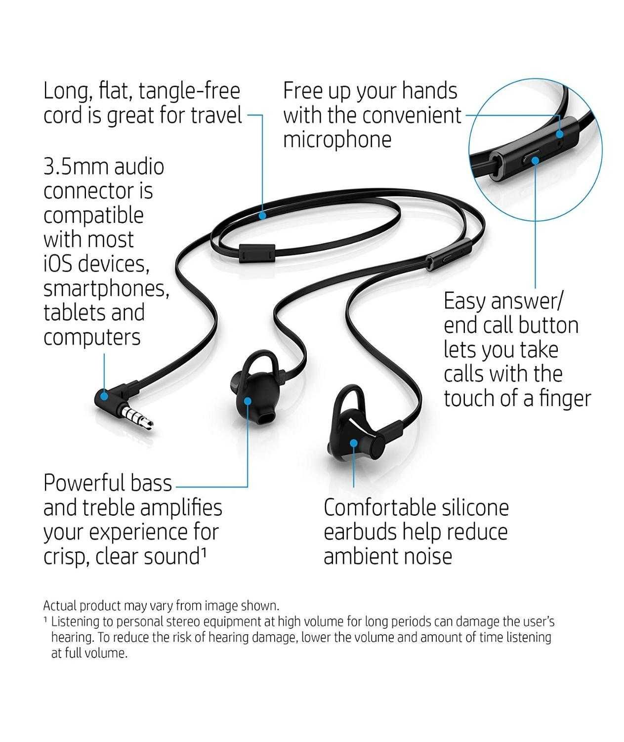 Слушалки с микрофон HP 150 Headset тапи черни Хендсфри за телефон