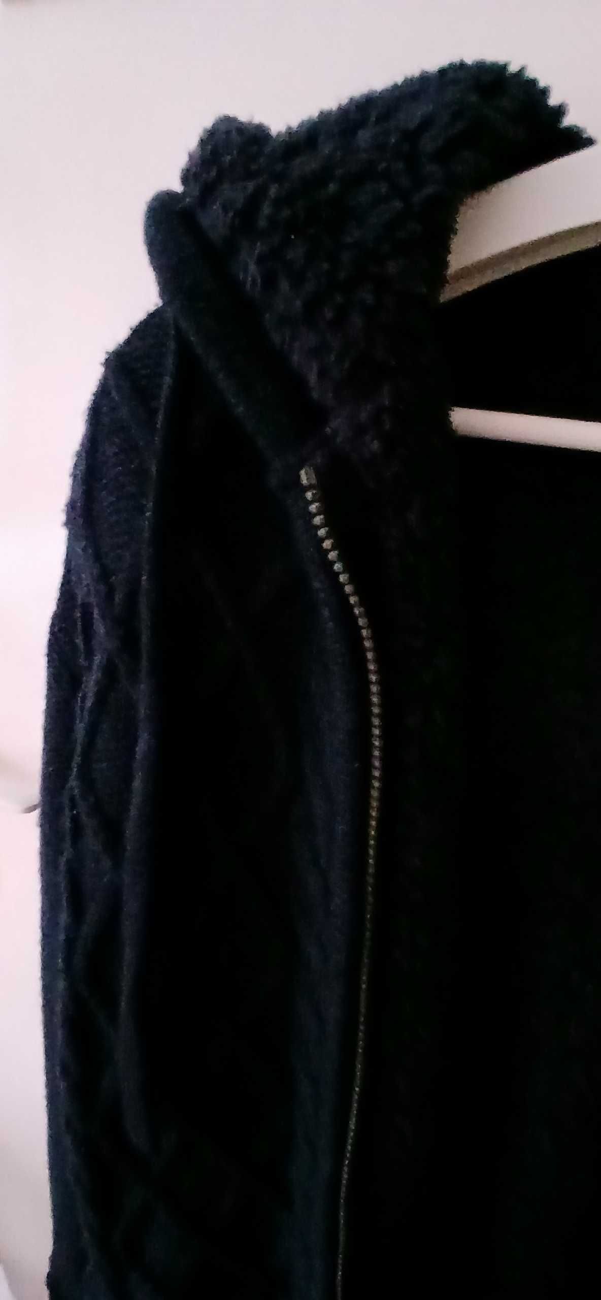 Geacă tricotată, înblănită, bleumarin, de bărbat, cu fermoar, buzunare