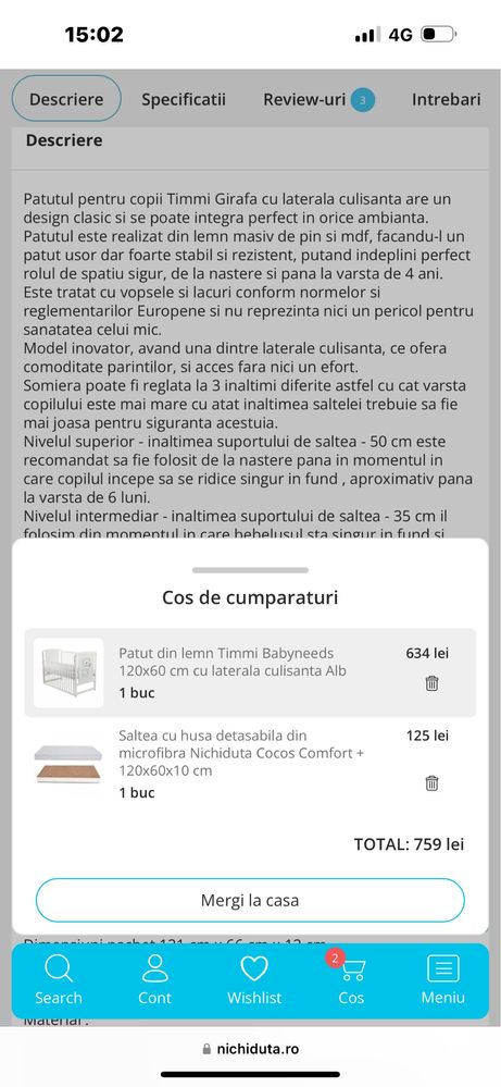 Patut copii cu laterala culisanta si saltea cocos