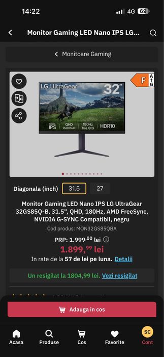 Monitor Gaming LED Nano IPS LG UltraGear 31.5"