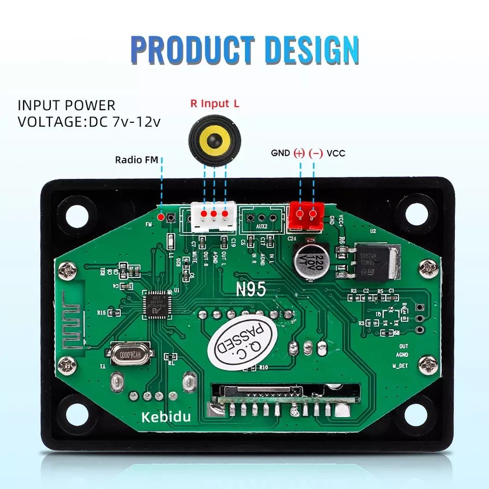 Мп3 плеър 2*40W, DC 7V-25 c Bluetooth за вграждане, папки,Tf card, Fm