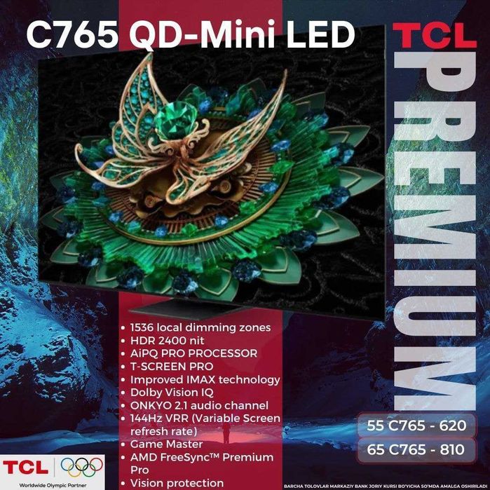 Телевизор TCL 55/65/75 UHD SMART GoogleTV 4K QD-Mini LED 144Hz