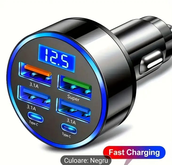 Încărcător auto inteligent LQT Premium 66W, 6 porturi USB