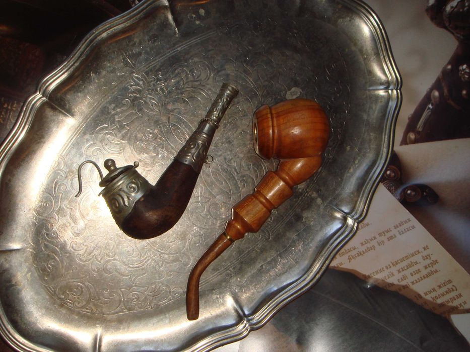 Декоративные большие старинные антикварные трубки дерево - серебро
