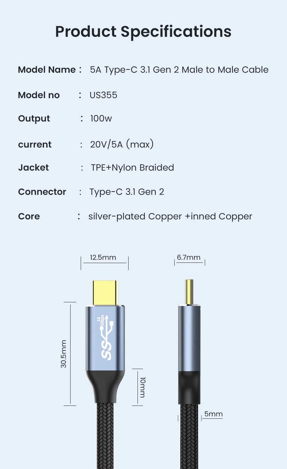 Кабел Type-C към Type-C, USB-C, USB 3.1 Gen2 5A 100W 10Gbps 4K + Гаран