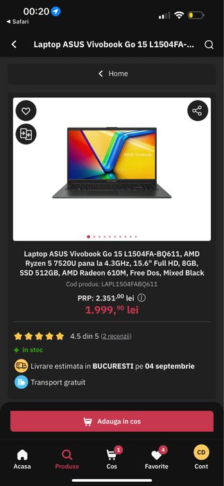 Laptop Asus Vivobook Go 15 (perfect pentru studenti)