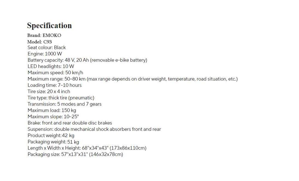 Електрически велосипед/колело EMOKO C93 1000W 20AH