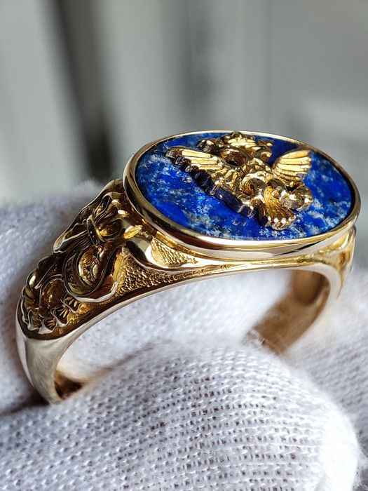 Faberge inel aur 14k lapis lazuli ghiul aur barbatesc Franklin Mint