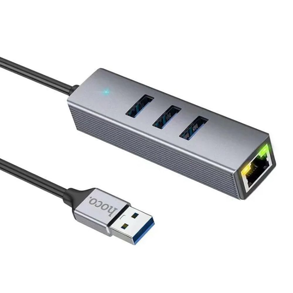 Адаптер Hoco HB34 USB на 4 (USB 3.0*3+RJ45) цвет: металлик