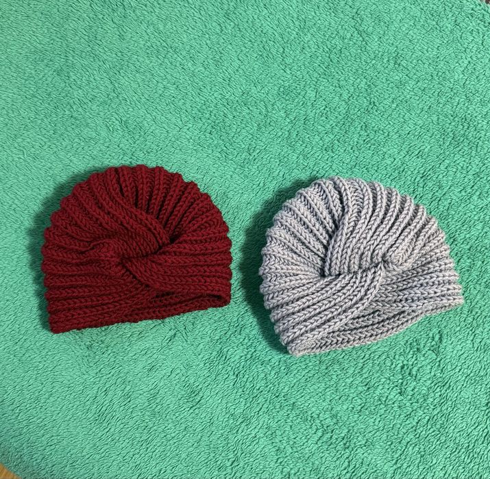 Плетена шапка  Тюрбан в бордо и светлосиньо