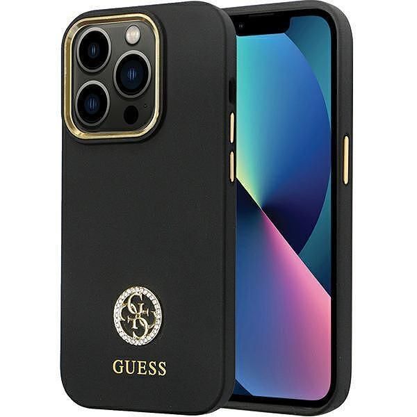 Кейс guess за iphone 14 pro - черен силикон с лого strass 4g