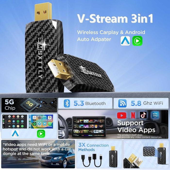 Адаптер 3в1 Безжичен CarPlay Android Auto + Мултимедия