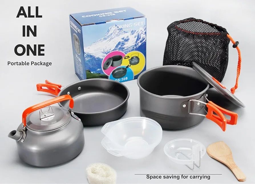 Комплект кухненски съдове за къмпинг - лек, идеален за 4-5 души,