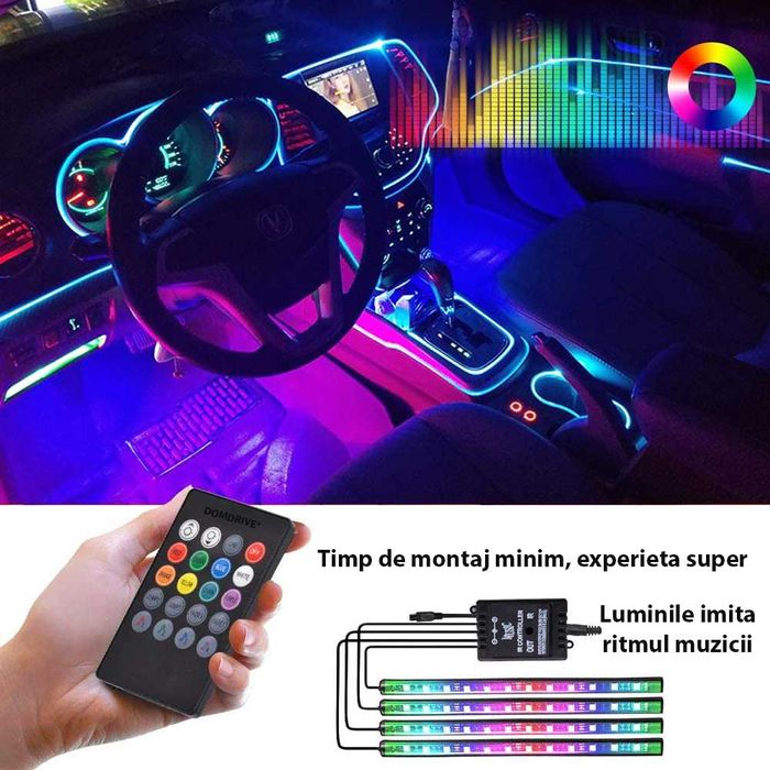 Kit 4 benzi LED22cm,lumina ambientala interior auto RGB cu telecomanda