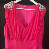 Rochie de ocazie roz, decolteu în V creată la atelier croitorie