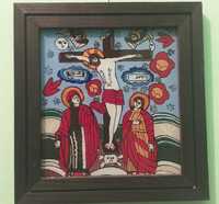 Icoană pictată manual pe sticla cu culori acrilice-Isus pe cruce