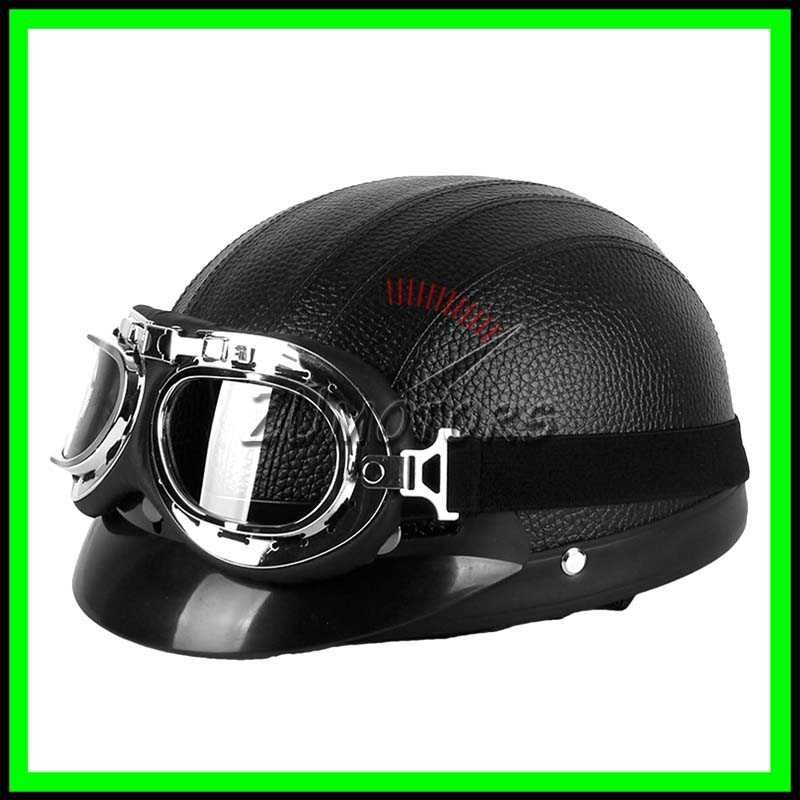 Casca moto Retro scuter Vespa Chopper Piele + Ochelari WW2 - Negru