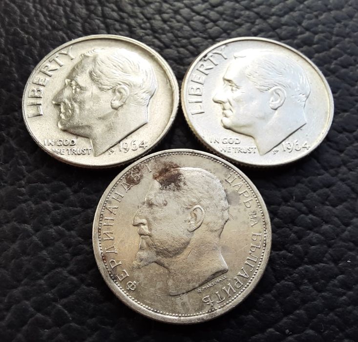 Стари сребърни монети даймове 1964 г.  САЩ  и 50 ст. 1913 г. БГ - топ