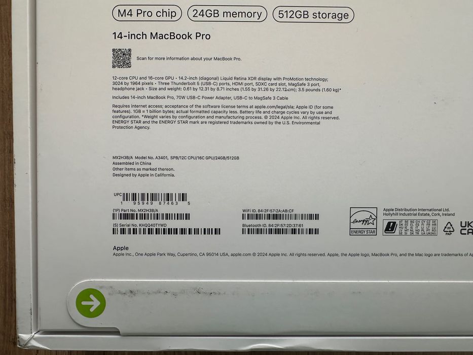 ЧИСТО НОВ MacBook Pro 14" M4 PRO Chip 12-CPU/16-GPU/24RAM/512SSD