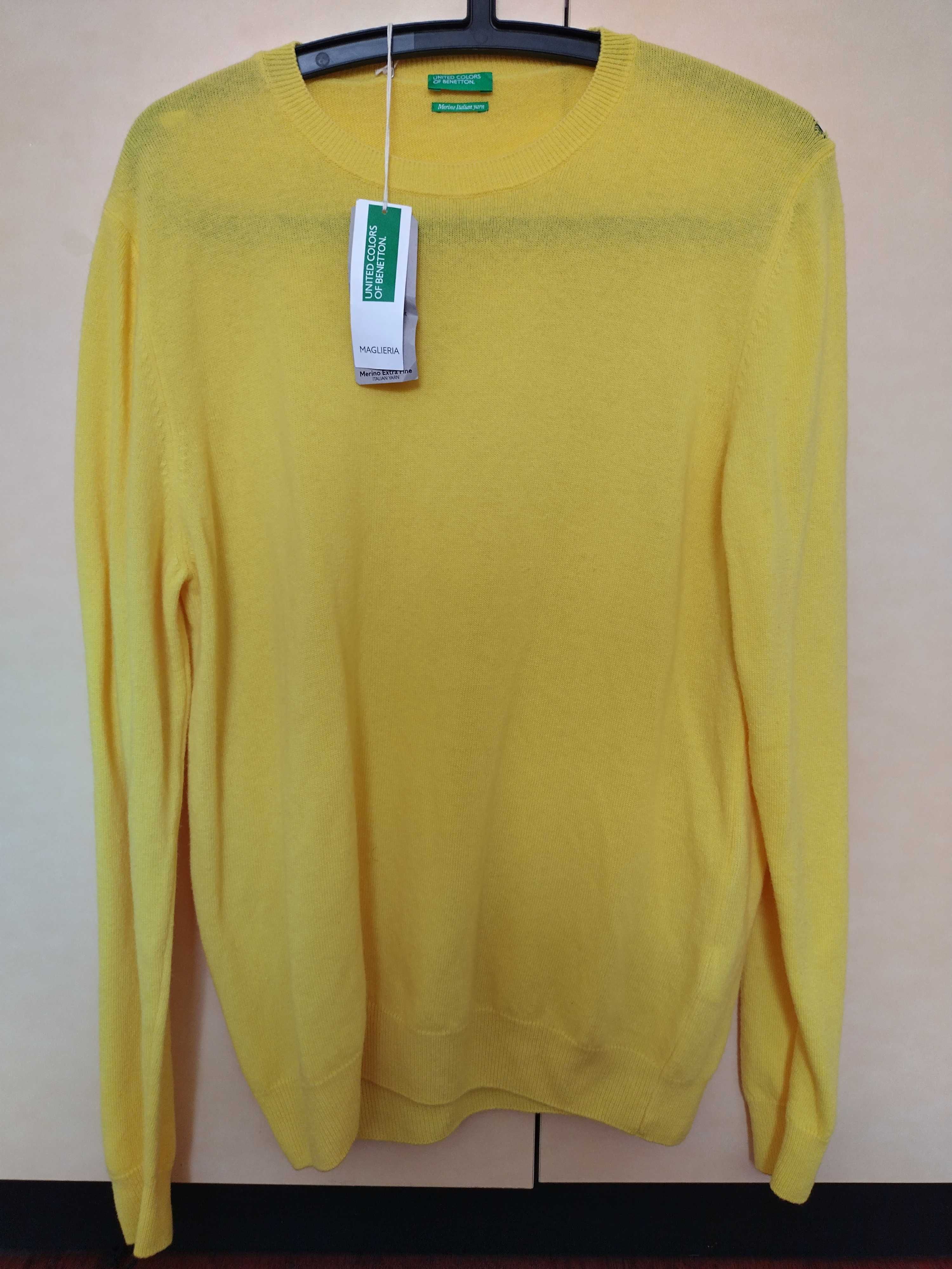 100 % мерино, патешко жълто пуловер United colors of Benetton. XL.
